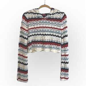 Rock & Roll Denim Pointelle knit pullover hoodie sweater, sz S,striped,scalloped